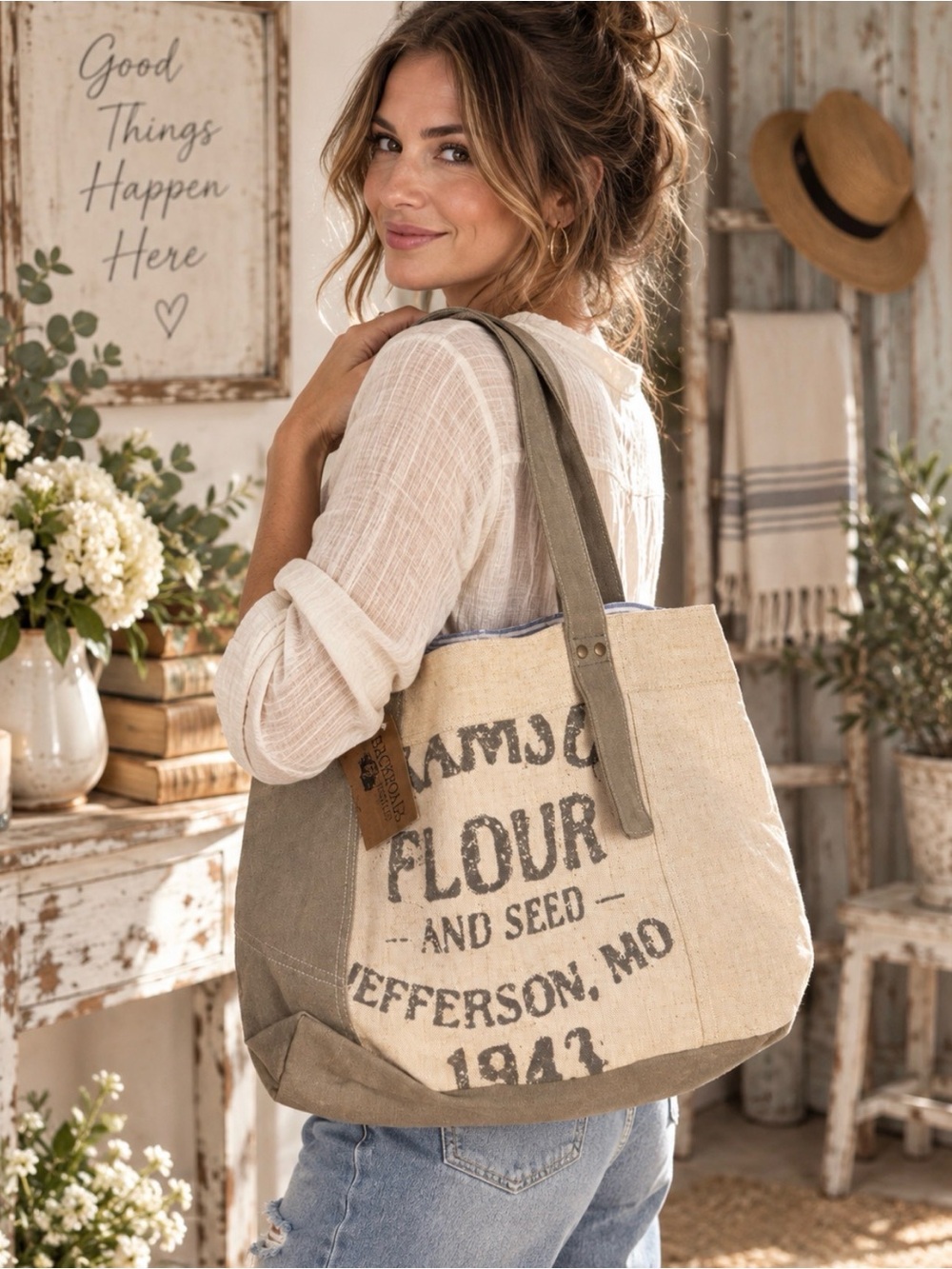 Backroads Repurposed Flour Sack Canvas Tote Bag